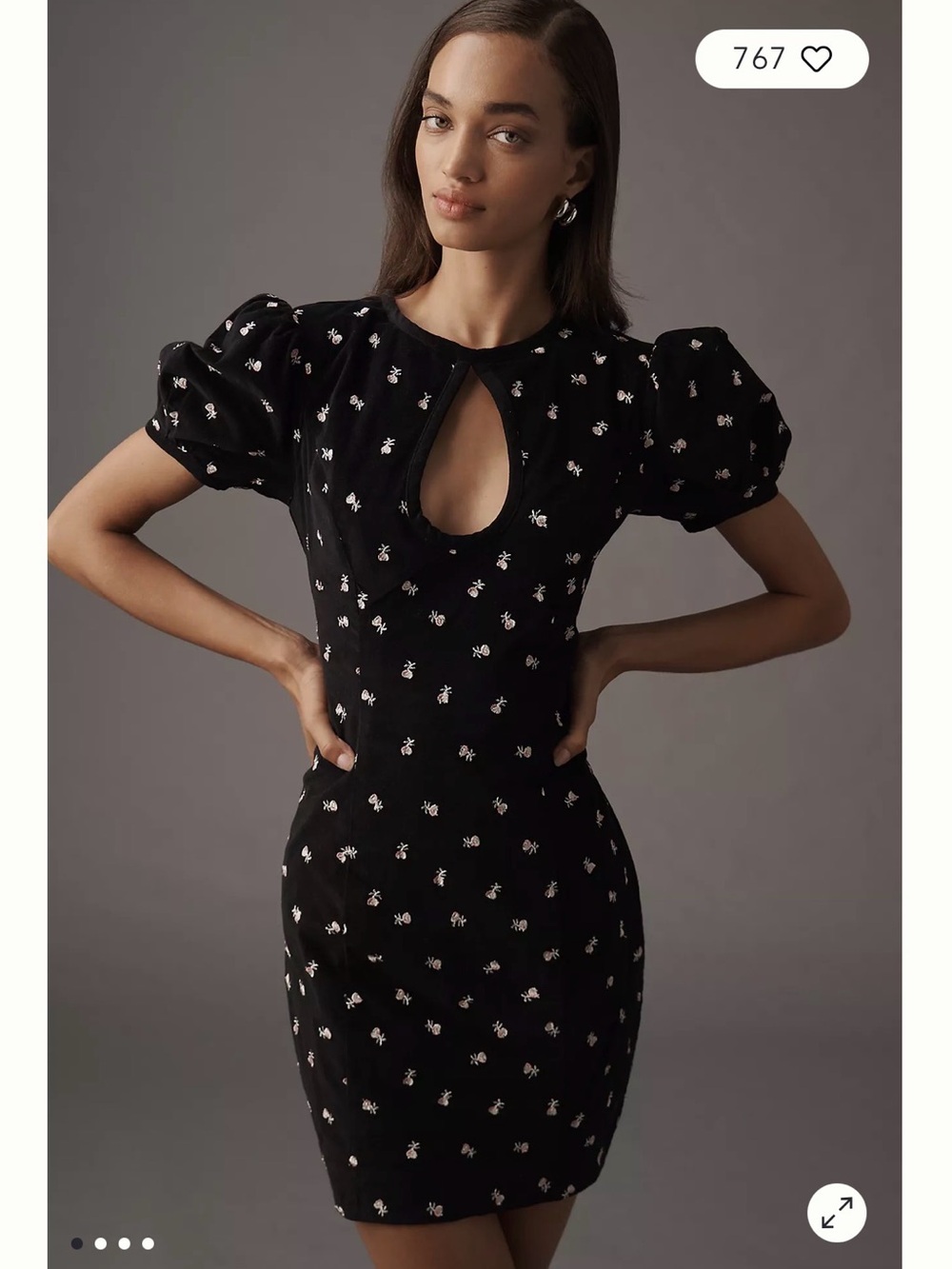 Maeve Puff-Sleeve Keyhole Embroidered Mini Dress
